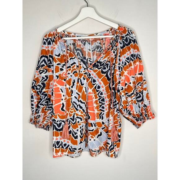 Marie Oliver Printed Puff Sleeve V-Neck Blouse Top Orange/Black/Blue Women's 1 - Picture 2 of 12